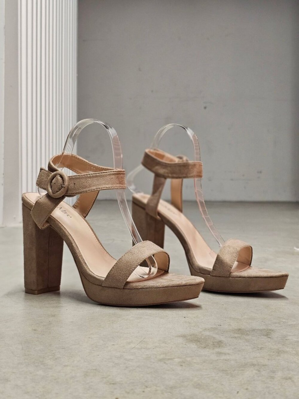 Taupe Faux Suede Block Heel Platform Sandals With Ankle Strap For Women